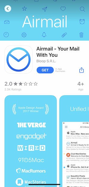 Airmail’s App Store page showing a 2.0 star rating.