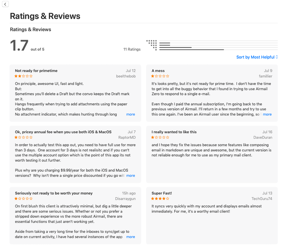 Ratings and Reviews for the featured app: 1.7 out of 5 from 11 ratings, with reviews titled “Not ready for primetime” and “A mess”.