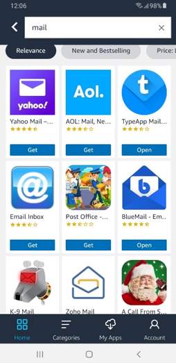 Amazon Appstore search for “mail” showing a grid of nine mail apps on the first screen.