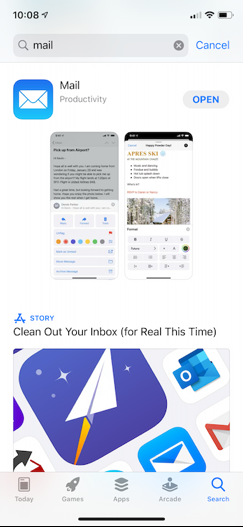App Store search for “mail” with Apple Mail first and no star rating.