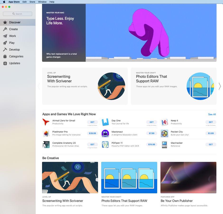 Mac App Store Discover tab with Airmail Zero for Gmail listed under “Apps and Games We Love Right Now”.