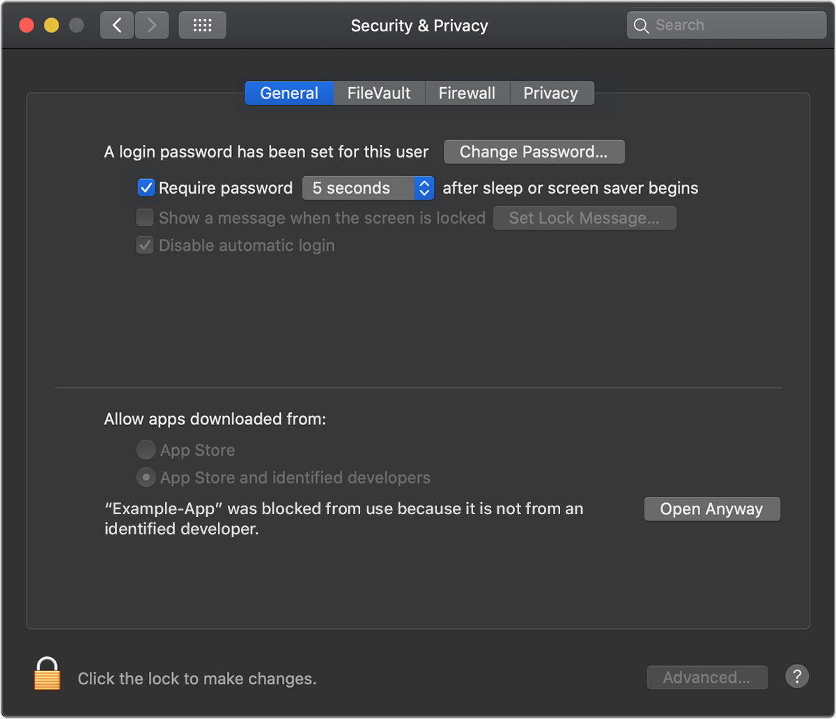macOS Security & Privacy preferences showing an app that was blocked because it is from an unidentified developer, with an Open Anyway button.