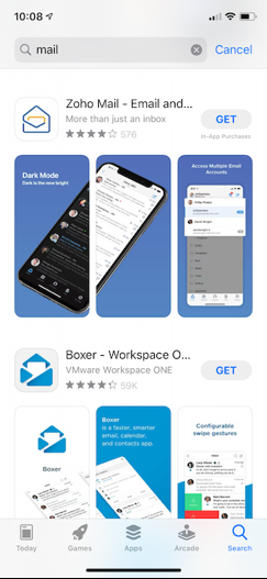 iOS App Store search for “mail”: Zoho Mail and Boxer each show star ratings and review counts.