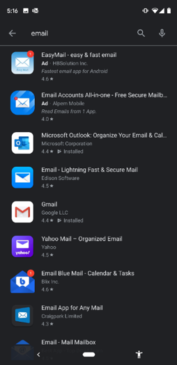 Google Play search for “email” showing a long list of email apps on the first screen.