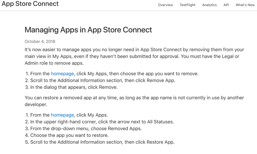 Apple’s App Store Connect note “Managing Apps in App Store Connect”, October 4, 2018: removing an app hides it from My Apps, and it can be restored at any time.