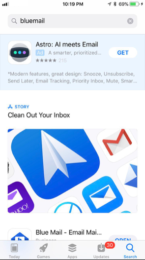 iOS App Store search for “bluemail”: an ad for another app at the top, an Apple story below it, and BlueMail barely visible at the bottom of the screen.