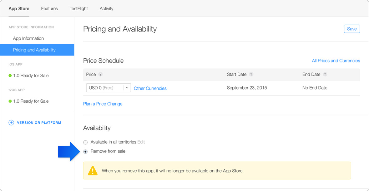 App Store Connect Pricing and Availability screen with the “Remove from sale” option selected and the warning that the app will no longer be available on the App Store.