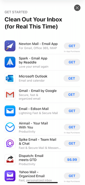 Apple’s “Clean Out Your Inbox” story, a fixed list of Apple-picked email apps.